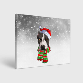 Холст прямоугольный с принтом Новогодний Питбуль   New Years Pit bull в Санкт-Петербурге, 100% ПВХ |  | Тематика изображения на принте: christmas | dog | pit bull | santa | дед мороз | зима | новый год | питбуль | рождество | санта | снег | снежинка | собака | собачка | щенок