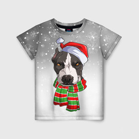 Детская футболка 3D с принтом Новогодний Питбуль   New Years Pit bull в Санкт-Петербурге, 100% гипоаллергенный полиэфир | прямой крой, круглый вырез горловины, длина до линии бедер, чуть спущенное плечо, ткань немного тянется | christmas | dog | pit bull | santa | дед мороз | зима | новый год | питбуль | рождество | санта | снег | снежинка | собака | собачка | щенок