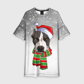 Детское платье 3D с принтом Новогодний Питбуль   New Years Pit bull в Санкт-Петербурге, 100% полиэстер | прямой силуэт, чуть расширенный к низу. Круглая горловина, на рукавах — воланы | christmas | dog | pit bull | santa | дед мороз | зима | новый год | питбуль | рождество | санта | снег | снежинка | собака | собачка | щенок