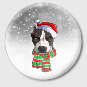 Значок с принтом Новогодний Питбуль   New Years Pit bull в Санкт-Петербурге,  металл | круглая форма, металлическая застежка в виде булавки | christmas | dog | pit bull | santa | дед мороз | зима | новый год | питбуль | рождество | санта | снег | снежинка | собака | собачка | щенок
