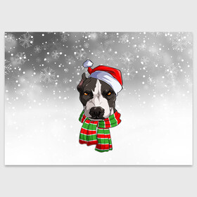 Поздравительная открытка с принтом Новогодний Питбуль   New Years Pit bull в Санкт-Петербурге, 100% бумага | плотность бумаги 280 г/м2, матовая, на обратной стороне линовка и место для марки
 | Тематика изображения на принте: christmas | dog | pit bull | santa | дед мороз | зима | новый год | питбуль | рождество | санта | снег | снежинка | собака | собачка | щенок