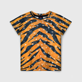 Детская футболка 3D с принтом Новогодняя шкура тигра в Санкт-Петербурге, 100% гипоаллергенный полиэфир | прямой крой, круглый вырез горловины, длина до линии бедер, чуть спущенное плечо, ткань немного тянется | 2022 | новый год | оранжевый | полосатый | полоски | полосы | снег | снежинки | тгриный | тигр