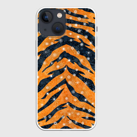 Чехол для iPhone 13 mini с принтом Новогодняя шкура тигра в Санкт-Петербурге,  |  | Тематика изображения на принте: 2022 | новый год | оранжевый | полосатый | полоски | полосы | снег | снежинки | тгриный | тигр
