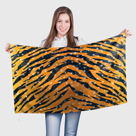 Флаг 3D с принтом Новогодняя шкура тигра в Санкт-Петербурге, 100% полиэстер | плотность ткани — 95 г/м2, размер — 67 х 109 см. Принт наносится с одной стороны | 2022 | новый год | оранжевый | полосатый | полоски | полосы | снег | снежинки | тгриный | тигр