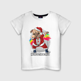 Детская футболка хлопок с принтом Christmas Pug в Санкт-Петербурге, 100% хлопок | круглый вырез горловины, полуприлегающий силуэт, длина до линии бедер | Тематика изображения на принте: christmas | dab | dog | holiday | new year | pug | rainbow | santa | даб | мопс | новый год | праздник | радуга | рождество | санта | собака