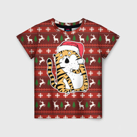 Детская футболка 3D с принтом Рождественский удивленный тигр в Санкт-Петербурге, 100% гипоаллергенный полиэфир | прямой крой, круглый вырез горловины, длина до линии бедер, чуть спущенное плечо, ткань немного тянется | 2022 | год тигра | новый год | новый год 2022 | символ года | тигр | тигренок | тигрица | тигры