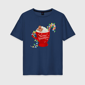 Женская футболка хлопок Oversize с принтом Рождественский пряник в Санкт-Петербурге, 100% хлопок | свободный крой, круглый ворот, спущенный рукав, длина до линии бедер
 | гирлянда | еда | кофе | кружка | новый год | праздник | пряник | рождество