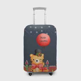 Чехол для чемодана 3D с принтом Новогодний тигренок с красным шариком в Санкт-Петербурге, 86% полиэфир, 14% спандекс | двустороннее нанесение принта, прорези для ручек и колес | 2022 | год тигра | новый год | новый год 2022 | символ года | тигр | тигренок | тигрица | тигры