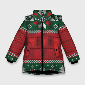 Зимняя куртка для девочек 3D с принтом Knitted Christmas Pattern в Санкт-Петербурге, ткань верха — 100% полиэстер; подклад — 100% полиэстер, утеплитель — 100% полиэстер. | длина ниже бедра, удлиненная спинка, воротник стойка и отстегивающийся капюшон. Есть боковые карманы с листочкой на кнопках, утяжки по низу изделия и внутренний карман на молнии. 

Предусмотрены светоотражающий принт на спинке, радужный светоотражающий элемент на пуллере молнии и на резинке для утяжки. | background | christmas | holiday | knitted | knitted pattern | pattern | trees | winter | вязаный | вязаный узор | елки | зима | праздник | рождество | узор | фон