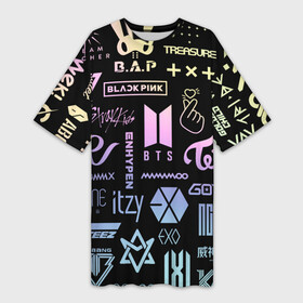 Платье-футболка 3D с принтом K pop лого исполнителей в Санкт-Петербурге,  |  | aespa | astro | bap | bigbang | blackpink | bts | enhypen | exo | got7 | ikon | itzy | korean pop | kpop | mamamoo | megamax | monsta x | nct | red velvet | seventeen | shinee | stray kids | superm | twice | txt | атееz | группы | кпоп | музыка