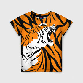 Детская футболка 3D с принтом Тигровый окрас в Санкт-Петербурге, 100% гипоаллергенный полиэфир | прямой крой, круглый вырез горловины, длина до линии бедер, чуть спущенное плечо, ткань немного тянется | 2022 | aggressive | brindle color | fangs | in profile | new year | open mouth | predator | tiger | year of the tiger | агрессивный | в профиль | год тигра | клыки | новый год | открытая пасть | тигр | тигровый окрас | хищник