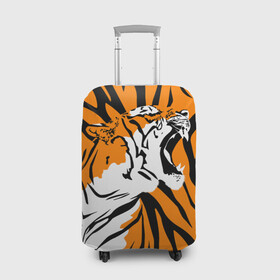Чехол для чемодана 3D с принтом Тигровый окрас в Санкт-Петербурге, 86% полиэфир, 14% спандекс | двустороннее нанесение принта, прорези для ручек и колес | 2022 | aggressive | brindle color | fangs | in profile | new year | open mouth | predator | tiger | year of the tiger | агрессивный | в профиль | год тигра | клыки | новый год | открытая пасть | тигр | тигровый окрас | хищник