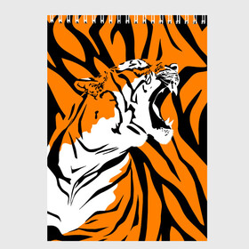Скетчбук с принтом Тигровый окрас в Санкт-Петербурге, 100% бумага
 | 48 листов, плотность листов — 100 г/м2, плотность картонной обложки — 250 г/м2. Листы скреплены сверху удобной пружинной спиралью | 2022 | aggressive | brindle color | fangs | in profile | new year | open mouth | predator | tiger | year of the tiger | агрессивный | в профиль | год тигра | клыки | новый год | открытая пасть | тигр | тигровый окрас | хищник