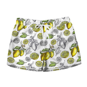 Женские шорты 3D с принтом Лимонный паттерн в Санкт-Петербурге, 100% полиэстер | прямой крой, два кармана без застежек по бокам. Мягкая трикотажная резинка на поясе, внутри которой широкие завязки. Длина до середины бедра | белый фон | лимон | рисованые | скетч | стильные | фрукты