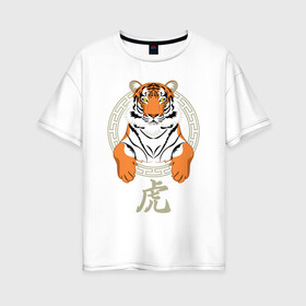 Женская футболка хлопок Oversize с принтом Тигр в раме в Санкт-Петербурге, 100% хлопок | свободный крой, круглый ворот, спущенный рукав, длина до линии бедер
 | 2022 | chinese character | framed | new year | ornament | powerful | predator | strong | tiger | year of the tiger | yellow look | в рамке | год тигра | жёлтый взгляд | китайский иероглиф | мощный | новый год | орнамент | сильный | тигр | хищник