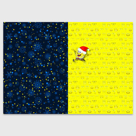 Поздравительная открытка с принтом Новогодний Губка Боб в Санкт-Петербурге, 100% бумага | плотность бумаги 280 г/м2, матовая, на обратной стороне линовка и место для марки
 | Тематика изображения на принте: christmas | santa | sponge bob | spongebob | губка боб | дед мороз | зима | квадратные штаны | мультфильм | новый год | рождество | санта | сквэр пэнтс | снег | снежинка | спанч боб