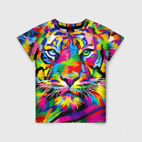 Детская футболка 3D с принтом Тигр в стиле поп арт в Санкт-Петербурге, 100% гипоаллергенный полиэфир | прямой крой, круглый вырез горловины, длина до линии бедер, чуть спущенное плечо, ткань немного тянется | 2022 | art | beast | mosaic | multicolored head | new year | pop art | predator | rainbow | tiger | year of the tiger | год тигра | зверь | искусство | мозаика | новый год | радужный | разноцветная голова | тигр | хищник