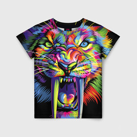 Детская футболка 3D с принтом Саблезубый тигр в стиле поп арт в Санкт-Петербурге, 100% гипоаллергенный полиэфир | прямой крой, круглый вырез горловины, длина до линии бедер, чуть спущенное плечо, ткань немного тянется | 2022 | art | beast | colorful head | mosaic | new year | pop art | predator | rainbow | sabertoothed tiger | year of the tiger | большие клыки | год тигра | зверь | искусство | мозаика | новый год | радужный | разноцветная голова | саблезубый тиг