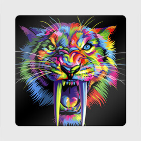 Магнит виниловый Квадрат с принтом Саблезубый тигр в стиле поп арт в Санкт-Петербурге, полимерный материал с магнитным слоем | размер 9*9 см, закругленные углы | Тематика изображения на принте: 2022 | art | beast | colorful head | mosaic | new year | pop art | predator | rainbow | sabertoothed tiger | year of the tiger | большие клыки | год тигра | зверь | искусство | мозаика | новый год | радужный | разноцветная голова | саблезубый тиг