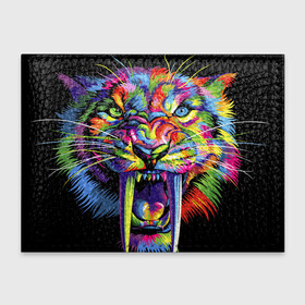 Обложка для студенческого билета с принтом Саблезубый тигр в стиле поп арт в Санкт-Петербурге, натуральная кожа | Размер: 11*8 см; Печать на всей внешней стороне | Тематика изображения на принте: 2022 | art | beast | colorful head | mosaic | new year | pop art | predator | rainbow | sabertoothed tiger | year of the tiger | большие клыки | год тигра | зверь | искусство | мозаика | новый год | радужный | разноцветная голова | саблезубый тиг