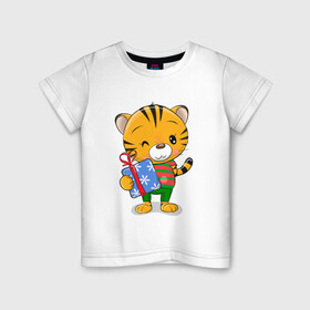 Детская футболка хлопок с принтом Тигренок с коробкой подарков в Санкт-Петербурге, 100% хлопок | круглый вырез горловины, полуприлегающий силуэт, длина до линии бедер | 2022 | год тигра | новый год | новый год 2022 | символ года | тигр | тигренок | тигрица | тигры