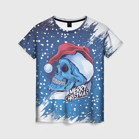 Женская футболка 3D с принтом Merry Christmas | Счастливого Рождества | Skull в Санкт-Петербурге, 100% полиэфир ( синтетическое хлопкоподобное полотно) | прямой крой, круглый вырез горловины, длина до линии бедер | 2022 | christmas | cold | klaus | merry | new | santa | skull | snow | winter | year | год | дед | зима | клаус | мороз | новый | рождество | санта | скелет | снег | холод | череп