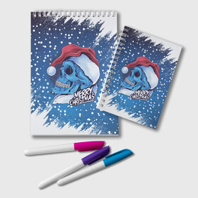 Блокнот с принтом Merry Christmas | Счастливого Рождества | Skull в Санкт-Петербурге, 100% бумага | 48 листов, плотность листов — 60 г/м2, плотность картонной обложки — 250 г/м2. Листы скреплены удобной пружинной спиралью. Цвет линий — светло-серый
 | 2022 | christmas | cold | klaus | merry | new | santa | skull | snow | winter | year | год | дед | зима | клаус | мороз | новый | рождество | санта | скелет | снег | холод | череп