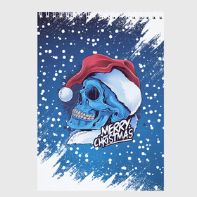 Скетчбук с принтом Merry Christmas | Счастливого Рождества | Skull в Санкт-Петербурге, 100% бумага
 | 48 листов, плотность листов — 100 г/м2, плотность картонной обложки — 250 г/м2. Листы скреплены сверху удобной пружинной спиралью | 2022 | christmas | cold | klaus | merry | new | santa | skull | snow | winter | year | год | дед | зима | клаус | мороз | новый | рождество | санта | скелет | снег | холод | череп