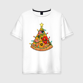 Женская футболка хлопок Oversize с принтом Новогодняя Пицца Елка в Санкт-Петербурге, 100% хлопок | свободный крой, круглый ворот, спущенный рукав, длина до линии бедер
 | christmas | pizza | гирлянда | елка | ель | звезда | новый год | пицца | рождество