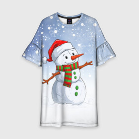 Детское платье 3D с принтом Веселый Снеговик   Happy Snowman в Санкт-Петербурге, 100% полиэстер | прямой силуэт, чуть расширенный к низу. Круглая горловина, на рукавах — воланы | Тематика изображения на принте: christmas | santa | snowman | дед мороз | елка | зима | новый год | рождество | санта | снег | снеговик | снегурочка | снежинка