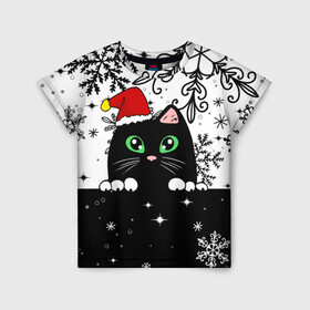 Детская футболка 3D с принтом Новогодний кот в колпаке Санты в Санкт-Петербурге, 100% гипоаллергенный полиэфир | прямой крой, круглый вырез горловины, длина до линии бедер, чуть спущенное плечо, ткань немного тянется | black cat | cat | christmas | kitten | kitty | merry christmas | new year | new year cat | santa | snow | snowflakes | winter | зима | киска | колпак | кот | котенок | кошак | новогодний кот | новый год | подарок | рождество | санта | снег 