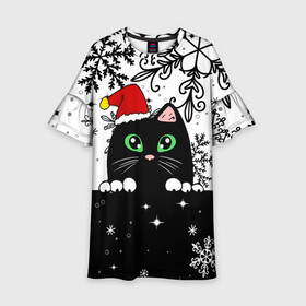 Детское платье 3D с принтом Новогодний кот в колпаке Санты в Санкт-Петербурге, 100% полиэстер | прямой силуэт, чуть расширенный к низу. Круглая горловина, на рукавах — воланы | black cat | cat | christmas | kitten | kitty | merry christmas | new year | new year cat | santa | snow | snowflakes | winter | зима | киска | колпак | кот | котенок | кошак | новогодний кот | новый год | подарок | рождество | санта | снег 