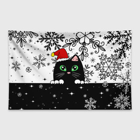 Флаг-баннер с принтом Новогодний кот в колпаке Санты в Санкт-Петербурге, 100% полиэстер | размер 67 х 109 см, плотность ткани — 95 г/м2; по краям флага есть четыре люверса для крепления | black cat | cat | christmas | kitten | kitty | merry christmas | new year | new year cat | santa | snow | snowflakes | winter | зима | киска | колпак | кот | котенок | кошак | новогодний кот | новый год | подарок | рождество | санта | снег 