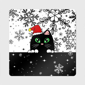 Магнит виниловый Квадрат с принтом Новогодний кот в колпаке Санты в Санкт-Петербурге, полимерный материал с магнитным слоем | размер 9*9 см, закругленные углы | black cat | cat | christmas | kitten | kitty | merry christmas | new year | new year cat | santa | snow | snowflakes | winter | зима | киска | колпак | кот | котенок | кошак | новогодний кот | новый год | подарок | рождество | санта | снег 