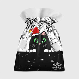 Подарочный 3D мешок с принтом Новогодний кот в колпаке Санты в Санкт-Петербурге, 100% полиэстер | Размер: 29*39 см | Тематика изображения на принте: black cat | cat | christmas | kitten | kitty | merry christmas | new year | new year cat | santa | snow | snowflakes | winter | зима | киска | колпак | кот | котенок | кошак | новогодний кот | новый год | подарок | рождество | санта | снег 