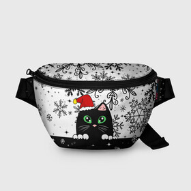Поясная сумка 3D с принтом Новогодний кот в колпаке Санты в Санкт-Петербурге, 100% полиэстер | плотная ткань, ремень с регулируемой длиной, внутри несколько карманов для мелочей, основное отделение и карман с обратной стороны сумки застегиваются на молнию | black cat | cat | christmas | kitten | kitty | merry christmas | new year | new year cat | santa | snow | snowflakes | winter | зима | киска | колпак | кот | котенок | кошак | новогодний кот | новый год | подарок | рождество | санта | снег 