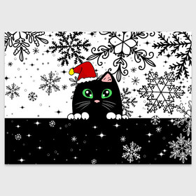 Поздравительная открытка с принтом Новогодний кот в колпаке Санты в Санкт-Петербурге, 100% бумага | плотность бумаги 280 г/м2, матовая, на обратной стороне линовка и место для марки
 | Тематика изображения на принте: black cat | cat | christmas | kitten | kitty | merry christmas | new year | new year cat | santa | snow | snowflakes | winter | зима | киска | колпак | кот | котенок | кошак | новогодний кот | новый год | подарок | рождество | санта | снег 
