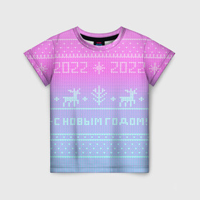 Детская футболка 3D с принтом С новым годом олени 2022 в Санкт-Петербурге, 100% гипоаллергенный полиэфир | прямой крой, круглый вырез горловины, длина до линии бедер, чуть спущенное плечо, ткань немного тянется | 2022 | вязанный принт | вязаные олени | новый год | олени на свитере | пиксели | розовый градиент