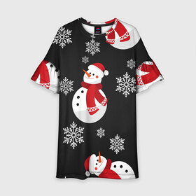 Детское платье 3D с принтом Снеговик в Санкт-Петербурге, 100% полиэстер | прямой силуэт, чуть расширенный к низу. Круглая горловина, на рукавах — воланы | Тематика изображения на принте: merry christmas | веселого рождества | рождество | снеговики | снежинки | шарфик