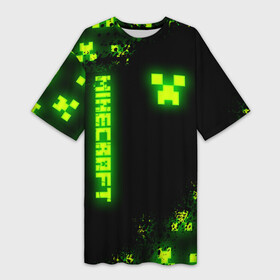 Платье-футболка 3D с принтом MINECRAFT NEON LOGO CREEPER в Санкт-Петербурге,  |  | block | creeper | cube | minecraft | pixel | tnt | toxic | блок | гаст | геометрия | крафт | крипер | кубики | майнкрафт | неон | пиксели | тнт | токсик