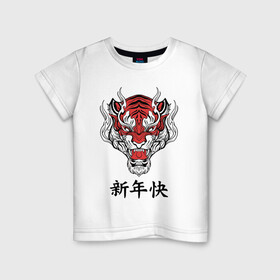 Детская футболка хлопок с принтом Красный тигр   дракон 2022 в Санкт-Петербурге, 100% хлопок | круглый вырез горловины, полуприлегающий силуэт, длина до линии бедер | 2022 | beast | chinese characters | chinese zodiac | dragon | head | muzzle | new year | predator | red tiger | stern look | year of the tiger | год тигра | голова | дракон | зверь | китайские иероглифы | красный тигр | новый год | по китайскому г