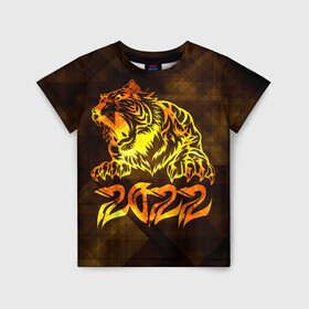 Детская футболка 3D с принтом Хищник Тигр 2022 в Санкт-Петербурге, 100% гипоаллергенный полиэфир | прямой крой, круглый вырез горловины, длина до линии бедер, чуть спущенное плечо, ткань немного тянется | 2022 | tiger | восточный тигр | год тигра | кошка | тигр | тигренок | хищник