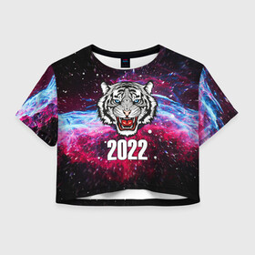 Женская футболка Crop-top 3D с принтом ЧЁРНЫЙ ТИГР НОВЫЙ ГОД 2022   GRAY TIGER NEW YEAR в Санкт-Петербурге, 100% полиэстер | круглая горловина, длина футболки до линии талии, рукава с отворотами | 2022 | beast | merry christmas | new year | red bow | santa hat | snow | tiger | winter | winter is coming | year of the tiger | год тигра | дед мороз | животные | звери | зверь | зима | зима 2022 | зима близко | новог | новогодни