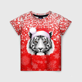 Детская футболка 3D с принтом НОВОГОДНИЙ ТИГР 2022   ЕШПУК 2022 в Санкт-Петербурге, 100% гипоаллергенный полиэфир | прямой крой, круглый вырез горловины, длина до линии бедер, чуть спущенное плечо, ткань немного тянется | 2022 | beast | merry christmas | new year | red bow | santa hat | snow | tiger | winter | winter is coming | year of the tiger | год тигра | дед мороз | животные | звери | зверь | зима | зима 2022 | зима близко | новог | новогодни