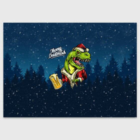 Поздравительная открытка с принтом Пивозавр Санта в Санкт-Петербурге, 100% бумага | плотность бумаги 280 г/м2, матовая, на обратной стороне линовка и место для марки
 | Тематика изображения на принте: christmas | santa | дед мороз | динозавр | елка | зима | новый год | рождество | санта | снег | снежинка