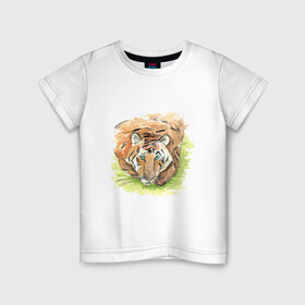 Детская футболка хлопок с принтом Портрет тигра с зелёными глазами в Санкт-Петербурге, 100% хлопок | круглый вырез горловины, полуприлегающий силуэт, длина до линии бедер | 2022 | глаза | животное | зверь | китайский календарь | кошка | новый год | оранжевый | полоски | символ года | тигр | хищник