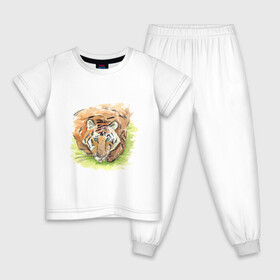 Детская пижама хлопок с принтом Портрет тигра с зелёными глазами в Санкт-Петербурге, 100% хлопок |  брюки и футболка прямого кроя, без карманов, на брюках мягкая резинка на поясе и по низу штанин
 | Тематика изображения на принте: 2022 | глаза | животное | зверь | китайский календарь | кошка | новый год | оранжевый | полоски | символ года | тигр | хищник