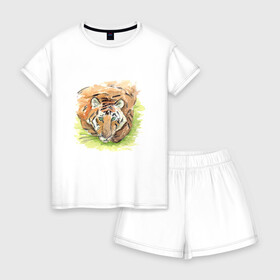 Женская пижама с шортиками хлопок с принтом Портрет тигра с зелёными глазами в Санкт-Петербурге, 100% хлопок | футболка прямого кроя, шорты свободные с широкой мягкой резинкой | Тематика изображения на принте: 2022 | глаза | животное | зверь | китайский календарь | кошка | новый год | оранжевый | полоски | символ года | тигр | хищник