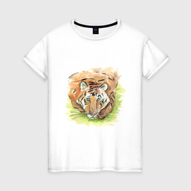 Женская футболка хлопок с принтом Портрет тигра с зелёными глазами в Санкт-Петербурге, 100% хлопок | прямой крой, круглый вырез горловины, длина до линии бедер, слегка спущенное плечо | 2022 | глаза | животное | зверь | китайский календарь | кошка | новый год | оранжевый | полоски | символ года | тигр | хищник