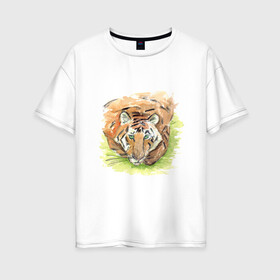 Женская футболка хлопок Oversize с принтом Портрет тигра с зелёными глазами в Санкт-Петербурге, 100% хлопок | свободный крой, круглый ворот, спущенный рукав, длина до линии бедер
 | 2022 | глаза | животное | зверь | китайский календарь | кошка | новый год | оранжевый | полоски | символ года | тигр | хищник